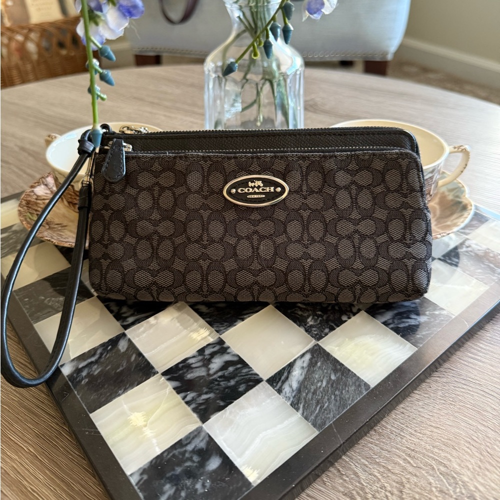 Coach Black Smoke Signature Double Zip Large Wallet